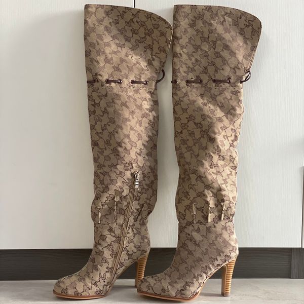 Women Over The Knee Boots Designer Boot Fashion Combat Boot Canvas Zipper Adjustable Straps Casual Shoes Stiletto Heel Ankle Boot Big Size 317