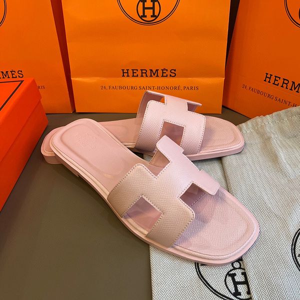 Hermes oran sandals free shipping with box claquette slippers for women designer white pink brown black red luxury flat sandals leather outdoor beach flip flops
