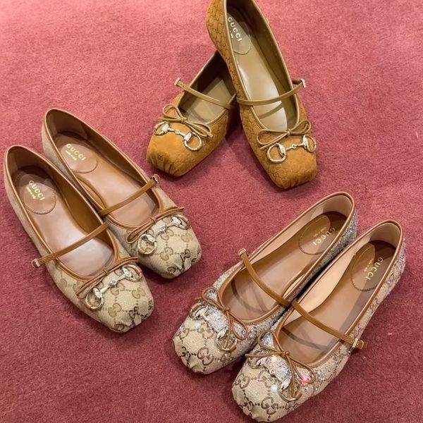 Horsebit Ballet Flat Shoes Designer Shoes Women Dress Fashion Luxury Suede Leather Stin Canvas Pig Nose Square Headbow Mary Jane Shoes